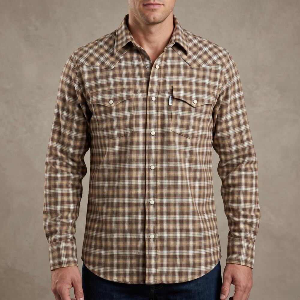 Carhartt Women's Western Plaid Pearl Snap Shirt Brown Cotton Work Boho L